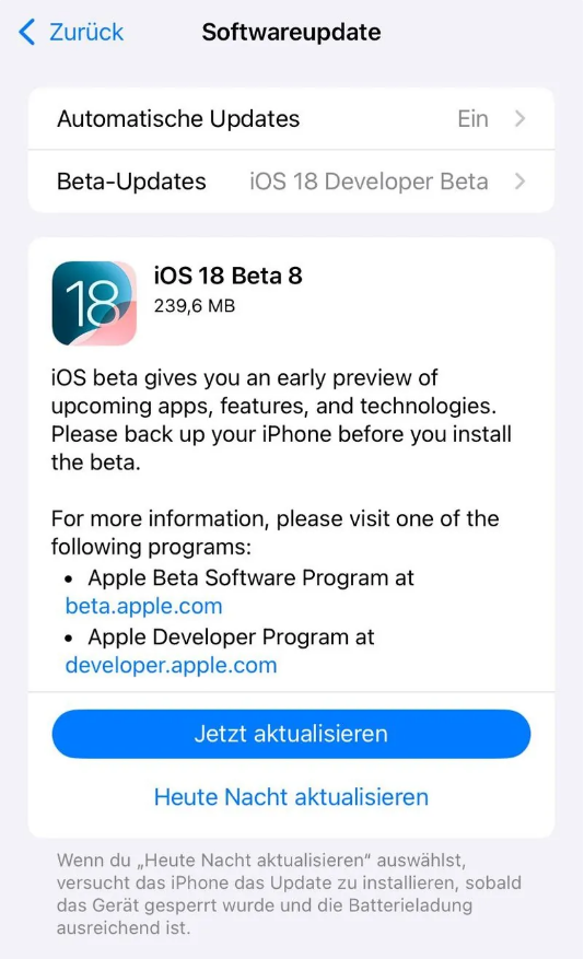 金乡苹果手机维修分享苹果 iOS / iPadOS 18 开发者预览版 Beta 8 发布 